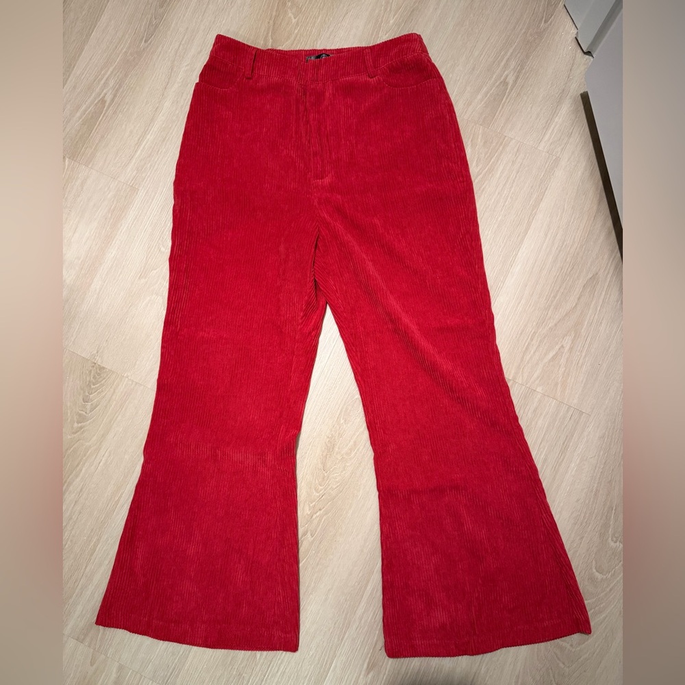 Misguided Red Corduroy Flare Capri Pants